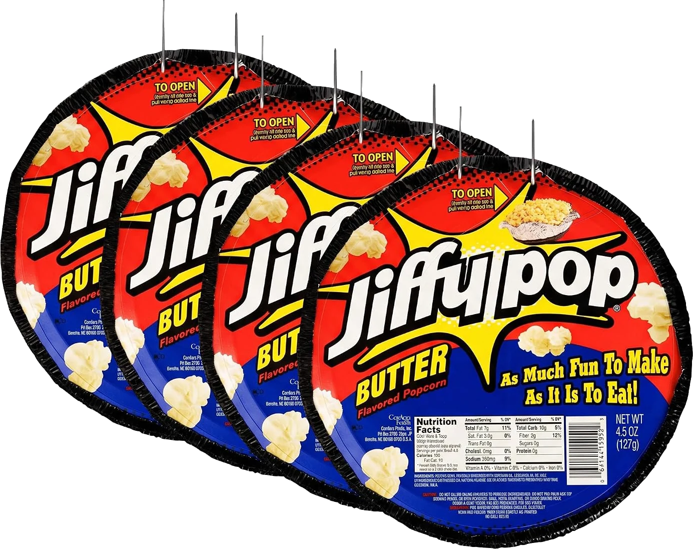 Four Jiffy Pop Butter Flavored Popcorn pans